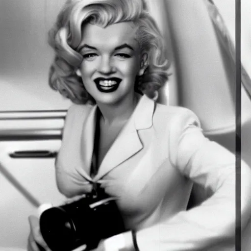 Prompt: DSLR 35mm film photography of young marilyn monroe as a flight attendant in 1998