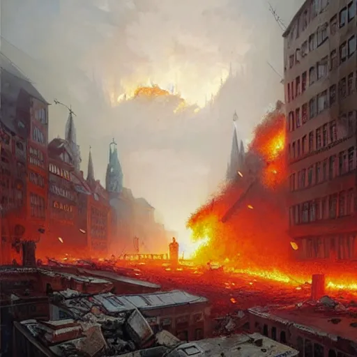 Image similar to city of munich destroyed by a meteor!!!, rubble!!, fires!! hyperrealistic, highly detailed, cinematic, foggy light from fires, beautiful, cgssociety, artstation, 8 k, oil painting by greg rutkowski, by artgerm, by wlop