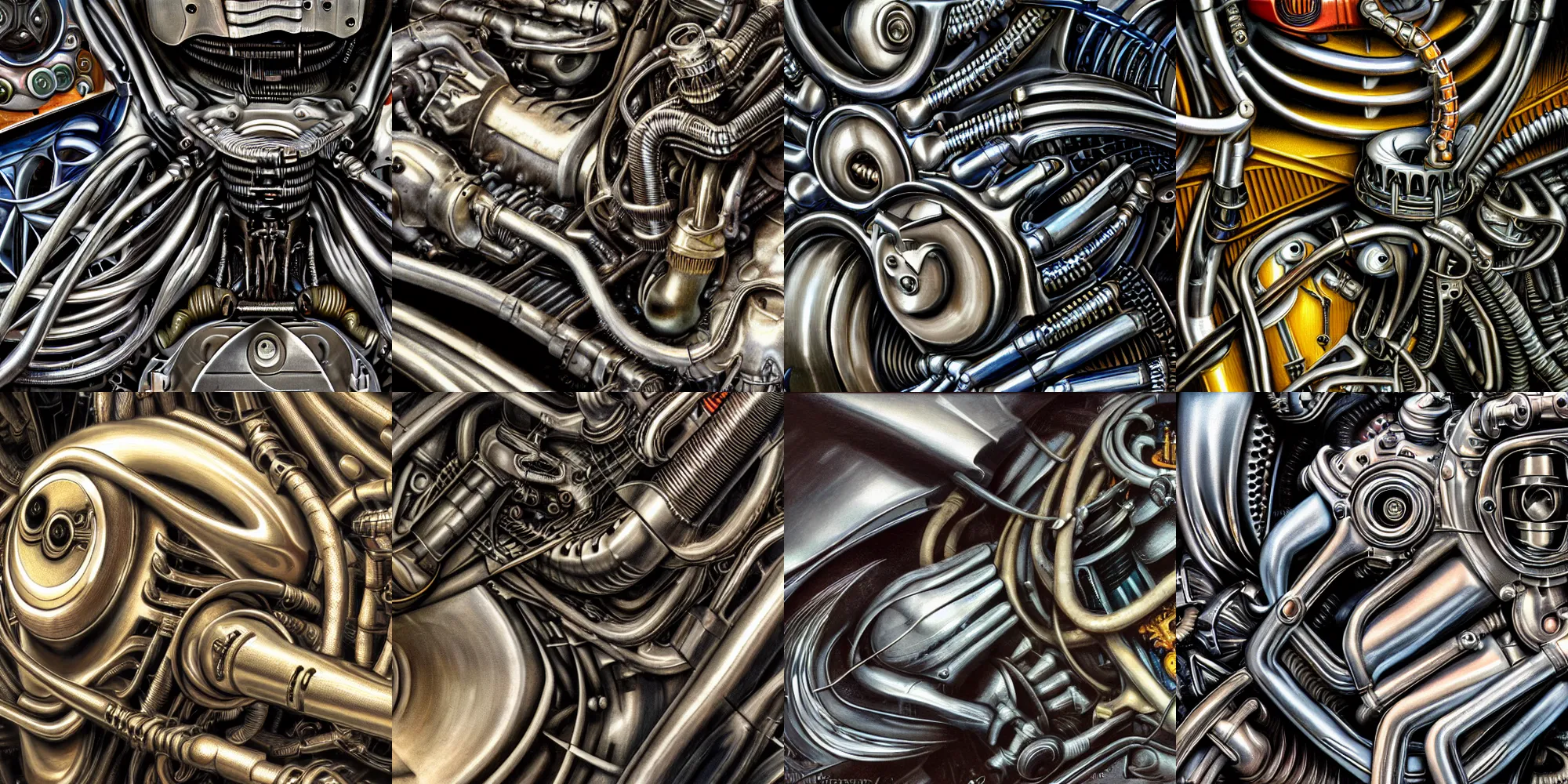 Prompt: closeup of car engine , biomechanical, mechanical, in the style of h.r giger, norman rockwell, giger, highly detailed, soft lighting, 8k resolution, oil on canvas