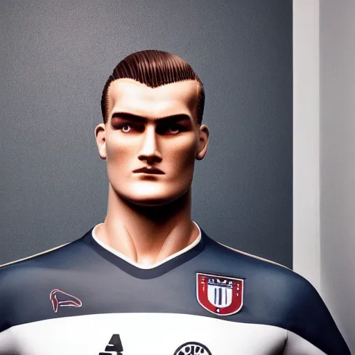 Prompt: a realistic detailed photo of a guy who is an attractive humanoid who is half robot and half humanoid, who is a male android, soccer player matthjis de ligt, shiny skin, posing like a statue, blank stare, in a living room, on display, showing off his muscles