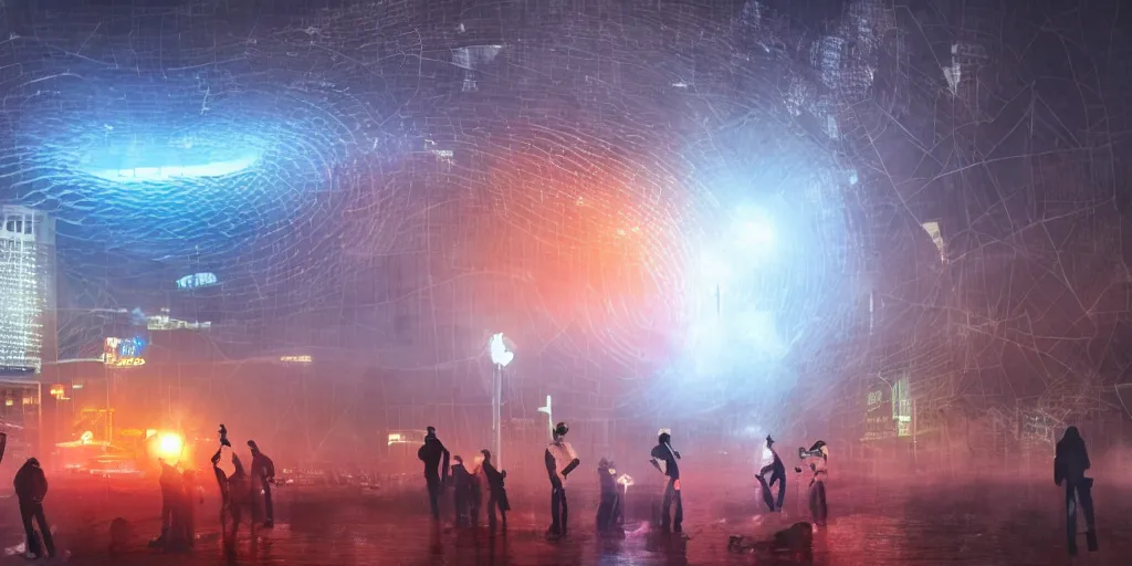 Image similar to policemen protecting a huge orange spiral - shaped bright white luminous attractor that is floating right in the center of the city from protesting people,, rain and light fog, professional lighting, concept art in 3 d, high detail, professional lighting, unreal engine