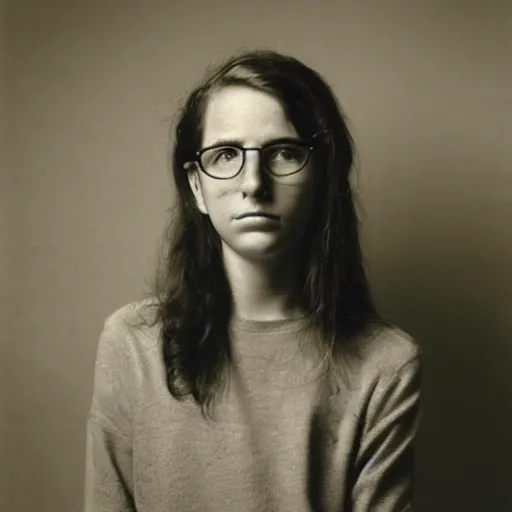 Image similar to a portrait photo of 20 year old female Larry David, with a sad expression, looking forward