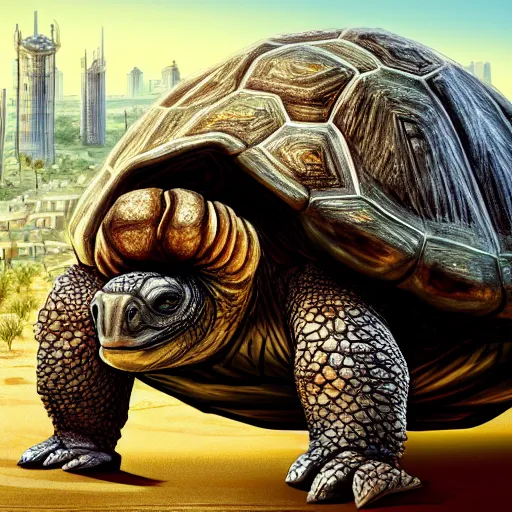 Image similar to Large Fantasy City perched atop a Giant tortoise stomping through the hot sunny desert, High detail, Dungeons and Dragons, Focus on giant tortoise, 4k