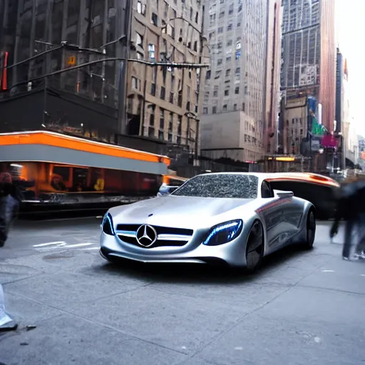 Image similar to photo of futuristic mercedes car in the streets on new york city,