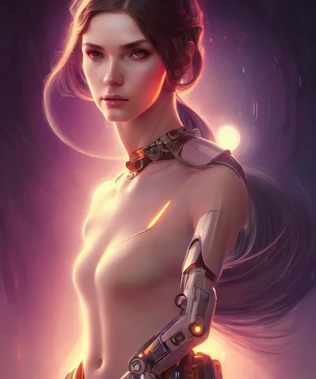 Prompt: futuristic young woman portrait, sci-fi, amber eyes, face, long hair, fantasy, intricate, elegant, highly detailed, digital painting, artstation, concept art, smooth, sharp focus, illustration, art by artgerm and greg rutkowski and alphonse mucha