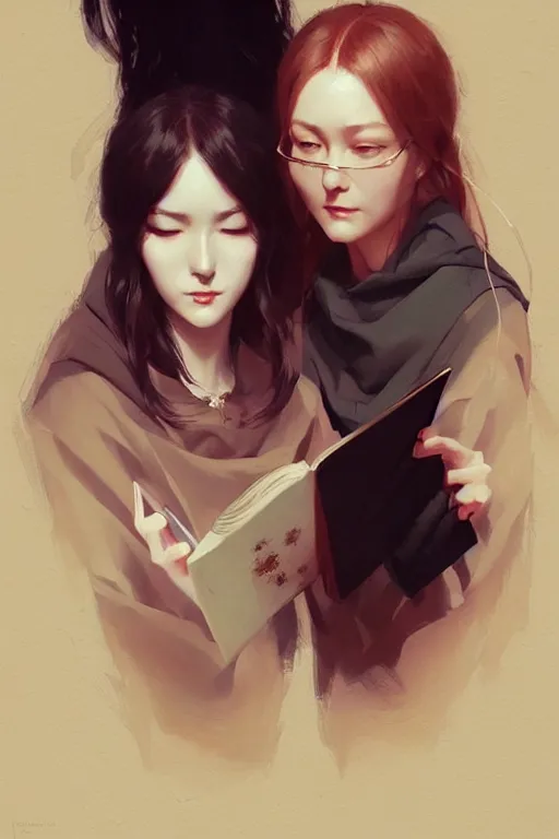 Image similar to portrait of two wise and very beautiful women discussing some texts, art by guweiz, intricate, elegant, highly detailed, smooth, sharp focus, artstation