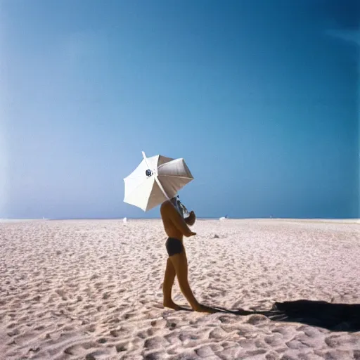 Image similar to a beautiful photo of an astronaut on the beach under a beach umbrella, summer sun, 1 9 7 0, soft light, morning light, photorealistic, realistic, octane, 8 k, cinematic shot