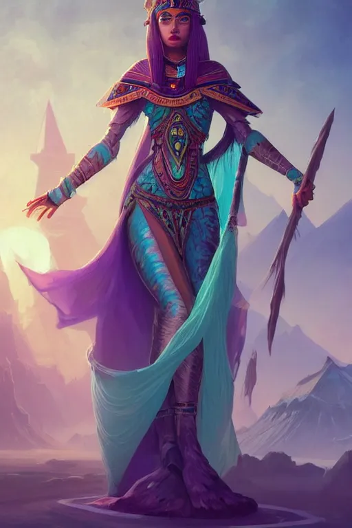 Image similar to beautiful wizard female with teal skin, full body shot, hair made of algae, egyptian clothing, with a wooden stuff, d & d, fantasy, intricate, elegant, highly detailed, digital painting, artstation, concept art, matte, sharp focus, illustration, hearthstone, art by artgerm and greg rutkowski and alphonse mucha