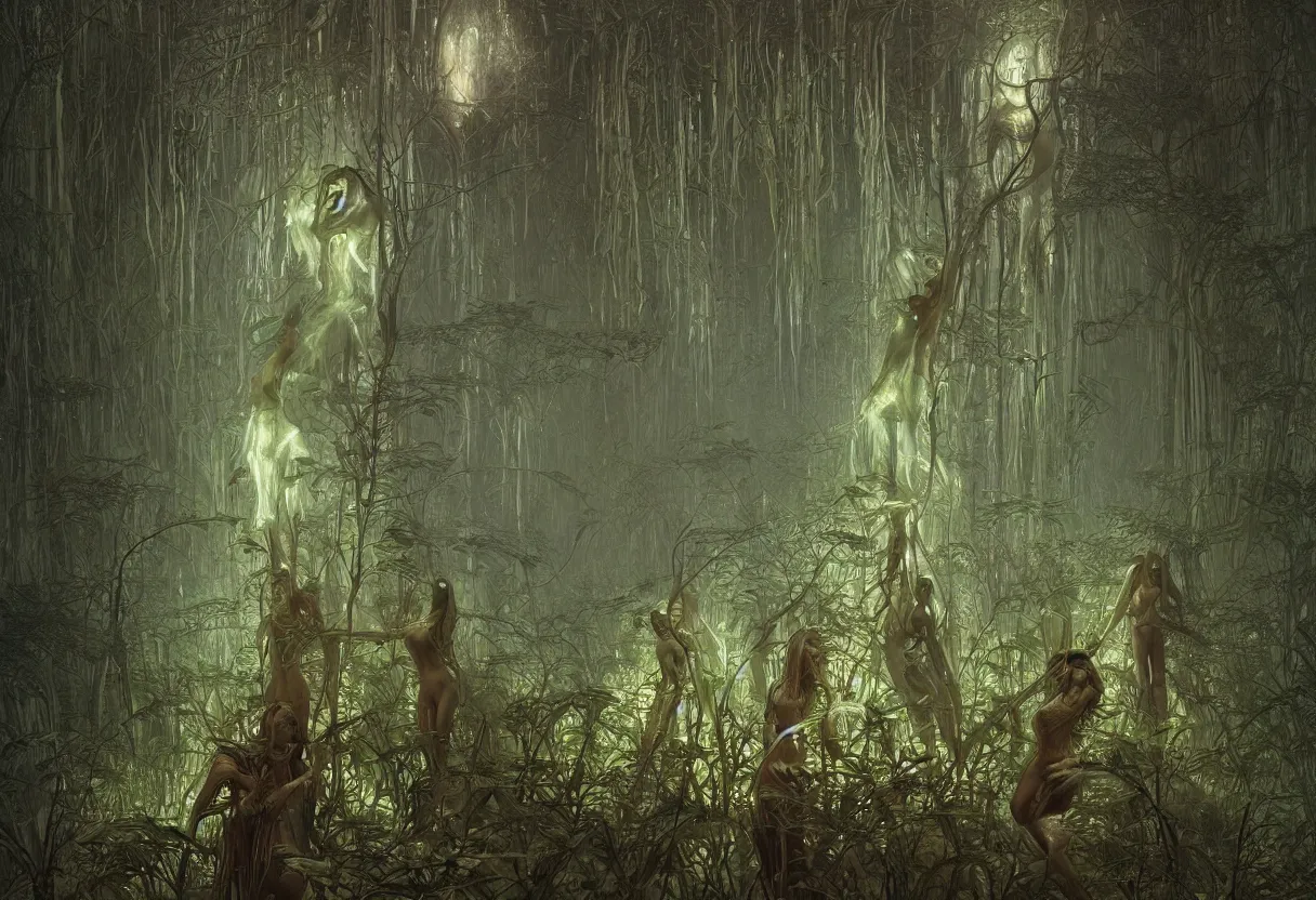 Image similar to humanoid figures made of plants having a seance in a beautiful bioluminescent forest, by daniel - by greg rutkowski and raymond swanland hr giger and zdzislaw beksinski and alphonse mucha and moebius, matte painting, hyperdetailed, symmetry, art nouveau, beautiful render, concept art