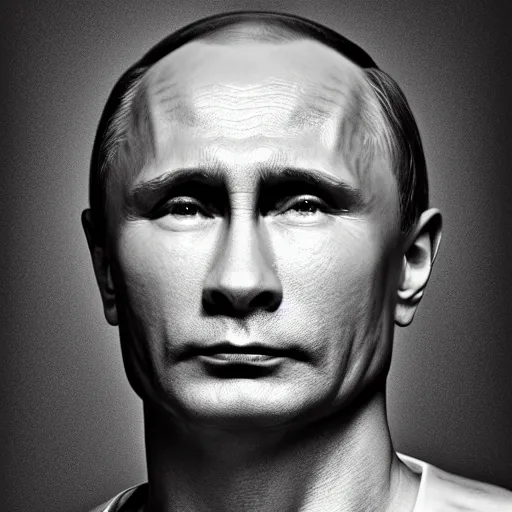 Image similar to vladimir putin sigma male, megachad, grindset, muscular, black and white image, powerful jaw, smiling, 8 k, professional portrait photography