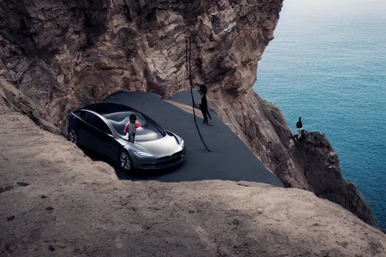 Image similar to photo of a gorgeous black model sitting on a Tesla on a cliff on the ocean By Emmanuel Lubezki