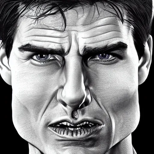 Image similar to caricature of tom cruise, closeup of face, exaggerated features, highly detailed, drawing by mahesh nambiar, sebastian kruger, archille superbi, carola rubio, artstation