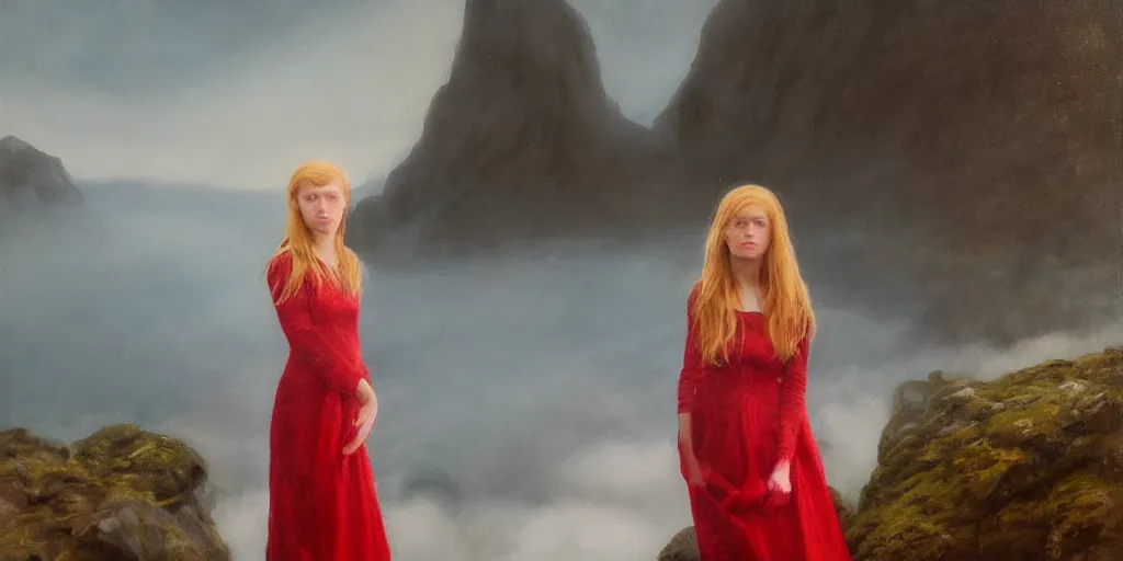 Image similar to a strawberry blonde haired teenage girl in a floor length irish style white and red dress stands amidst a rocky landscape eerily lit by blue light with no apparent source shrouded in mist, oil painting, realistic, detailed