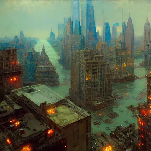 Image similar to modern new york city sinking in the ocean, water is entering. buildings, the whole city is half way underwater already, natural lighting, path traced, highly detailed, high quality, digital painting, by gaston bussiere, craig mullins, alphonse mucha j. c. leyendecker