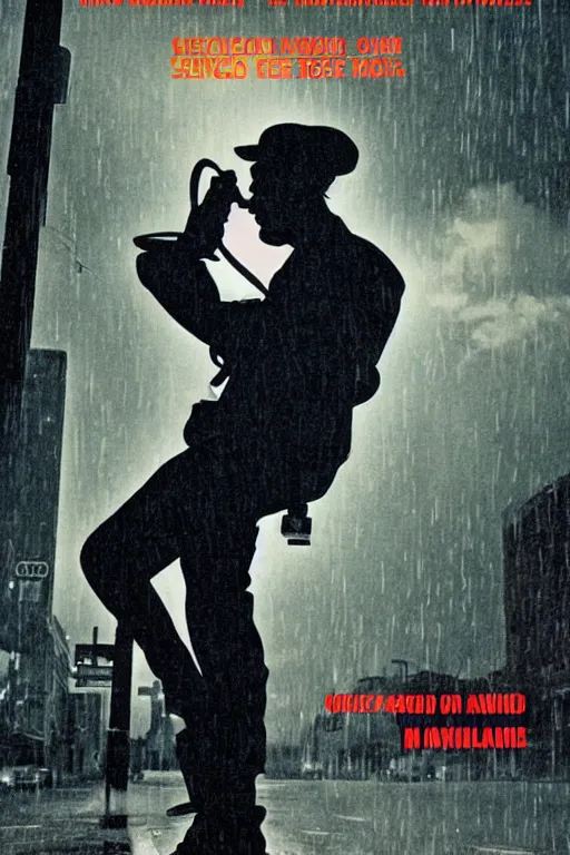 Image similar to an award - winning movie poster for a movie called senor featuring a junkie making a payphone call in a thunderstorm in queens at night in the 1 9 9 0 s