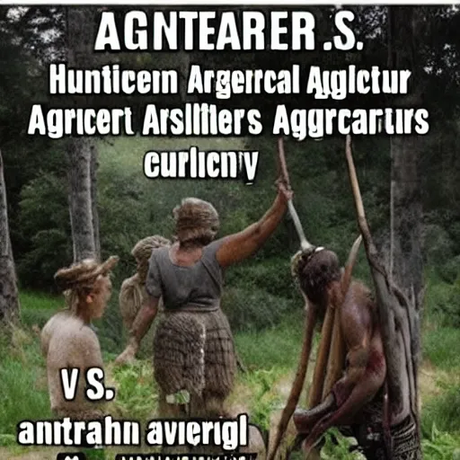 Image similar to Meme about ancient times, hunter-gatherer vs the average agriculture user