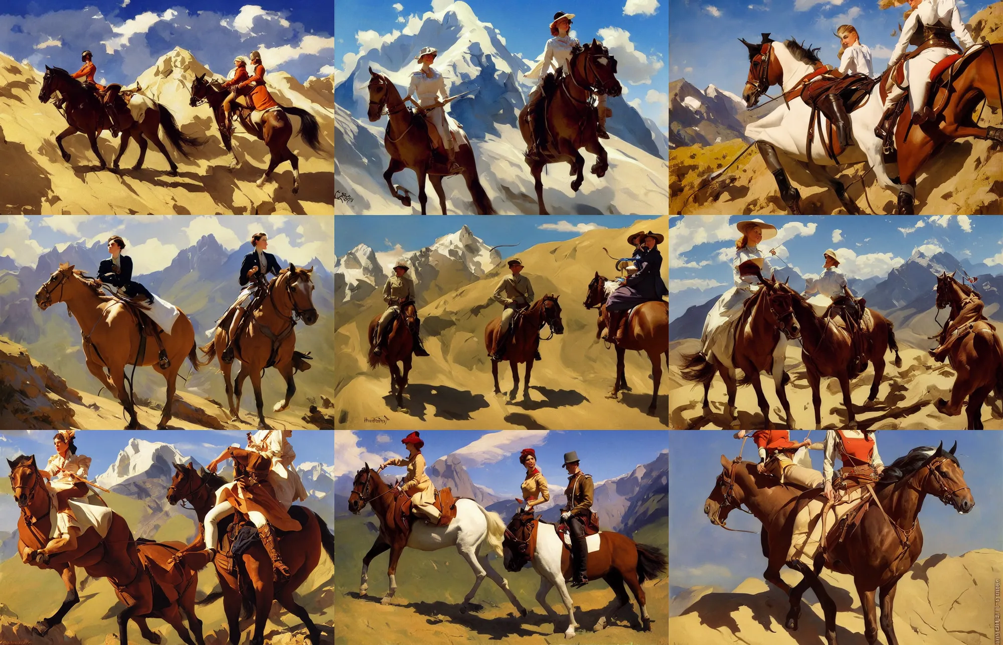 Prompt: painting by sargent and rhads and leyendecker and greg hildebrandt woman riding horse in the kaiser mountains