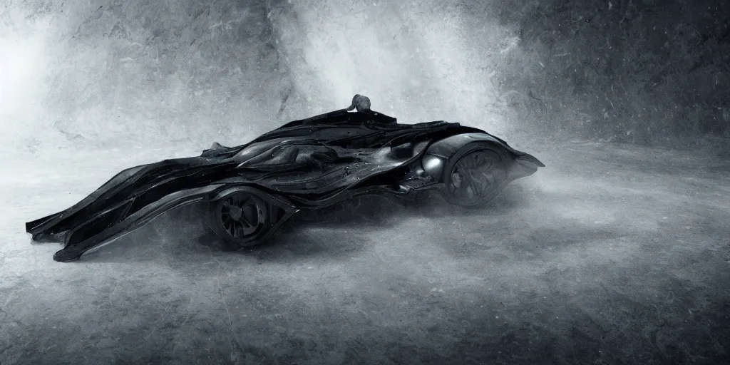 Prompt: the batmobile trapped in the flow of time. photorealistic. octane render. 8 k. monochrome. cinematic.