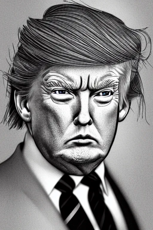 Prompt: manga portrait of donald trump, handsome, depth of field, soft focus, highly detailed, intricate, realistic,, soft glow, textured, artstation, concept art, sharp focus, illustration, dragon ball a mucha