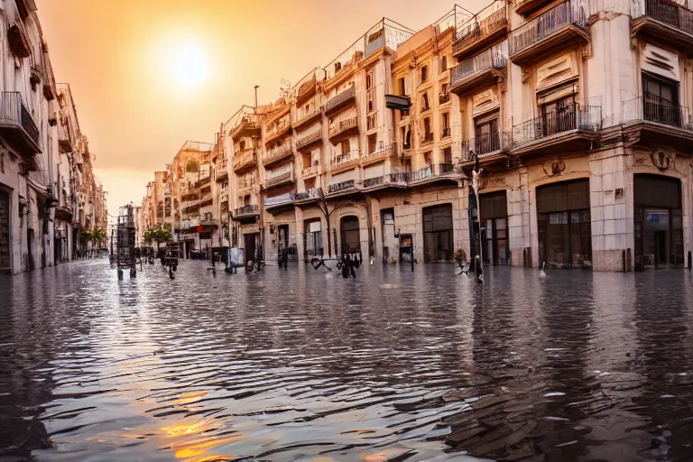 Prompt: views of catastrophic barcelona streets covered with water, global warming, sunset lighting, photo real