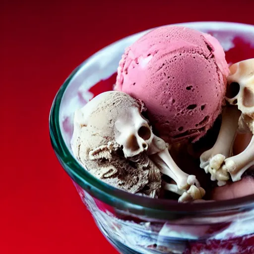 Prompt: ice cream of the macabre skin and bones flavor, scops in glass bowl, flesh, blood, evil, horror,