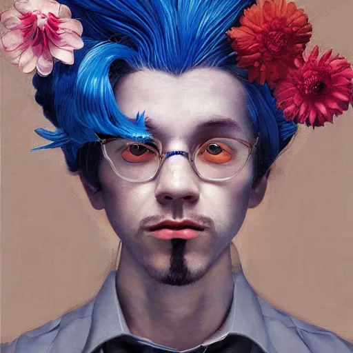 Prompt: a painting of a man with blue hair and flowers on his chest, a surrealist painting by james jean, trending on cgsociety, pop surrealism, androgynous, grotesque, angular