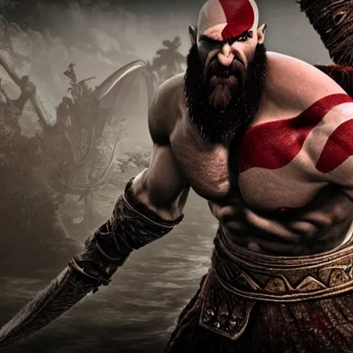 Prompt: kratos from god of war at a keyboard typing on it