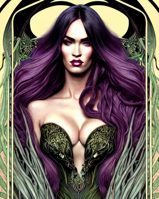 Prompt: new art nouveau closeup portrait of fantasy succubus megan fox wearing a royal dress in an evil forest, anna dittmann, moebius, wlop, artgerm, patrick nagle, charlie bowater and loish. long windblown hair, ultrasharp focus, dramatic lighting, barbwire vine arches, photorealistic digital matte painting, intricate, dark souls