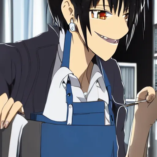 Prompt: a tall anime boy with black hair, blue eyes and piercings working at a café smiling in anime style with sunlight shining through the windows as he's cleaning dishes, very detailed, detailed face, 4k