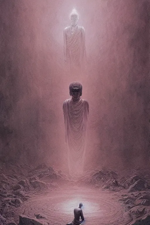 Image similar to Meditating Buddhist faceless god in absolute void, dark fantasy, intricate, highly detailed, smooth, artstation, painted by Wayne Barlowe, Greg Rutkowski, zdislav beksinski, Francis Bacon