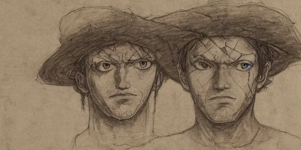 Image similar to leonardo da vinci's technical sketch of luffy, highly detailed