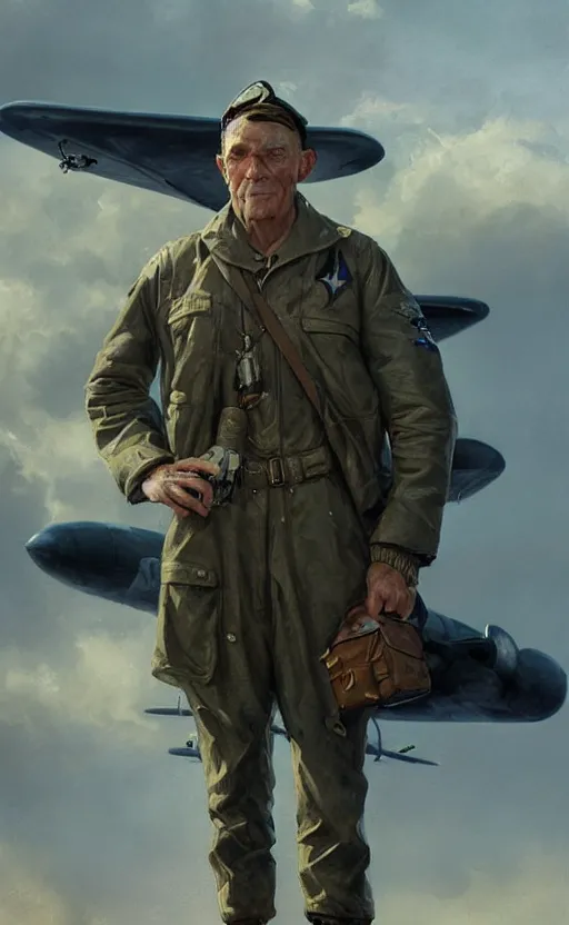 Image similar to Portrait of a WWII airman with an aircraft in the background, detailed face, 20th century, highly detailed, cinematic lighting, digital art painting by greg rutkowski