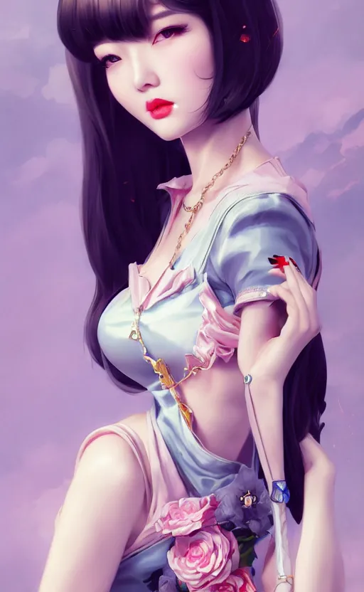 Image similar to a pin up and beautiful fashion charming dreamlke korea girl with lv jewelry, character art, art by artgerm lau and kyoung hwan kim and and ilya kuvshinov and john singer sargent, hyperdetailed, 8 k realistic, symmetrical, frostbite 3 engine, cryengine, dof, trending on artstation, digital art