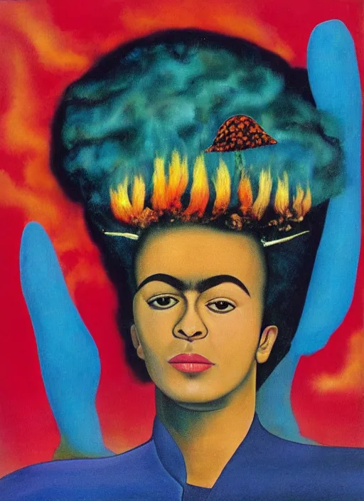 Image similar to 8 0 s new age album cover depicting a mushroom cloud in the shape of guy fieri, very peaceful mood, oil on canvas by frida kahlo