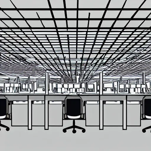 Image similar to digital artwork of lone person working in a huge room full of cubicles, the only light is coming from his desk