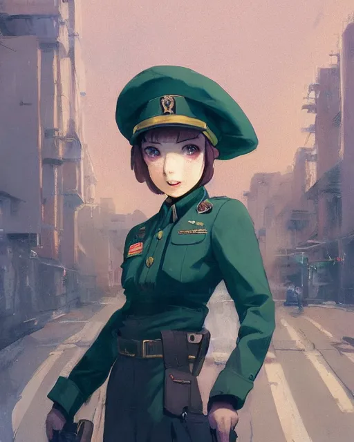 Image similar to young woman with shoulder length light brown hair and hazel eyes dressed in a sharp dark teal military uniform and beret, smiling, blurred city background in twilight lighting, ilya kuvshinov, anime, greg rutkowski, guweiz, ross tran, svetlana tigai, artgerm, concept art, digital painting, painterly