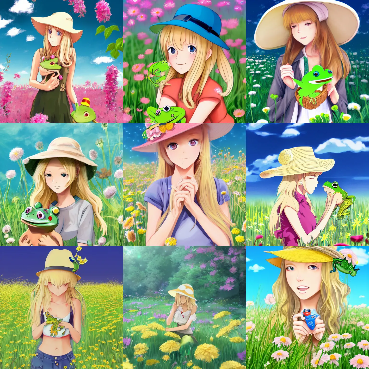 Prompt: illustration of a blonde girl with a frog! hat!, in a field of flowers, studio ghibli, disney, anime, digital art, cute, shoujo, trending on artstation, very detailed, anime 4 k