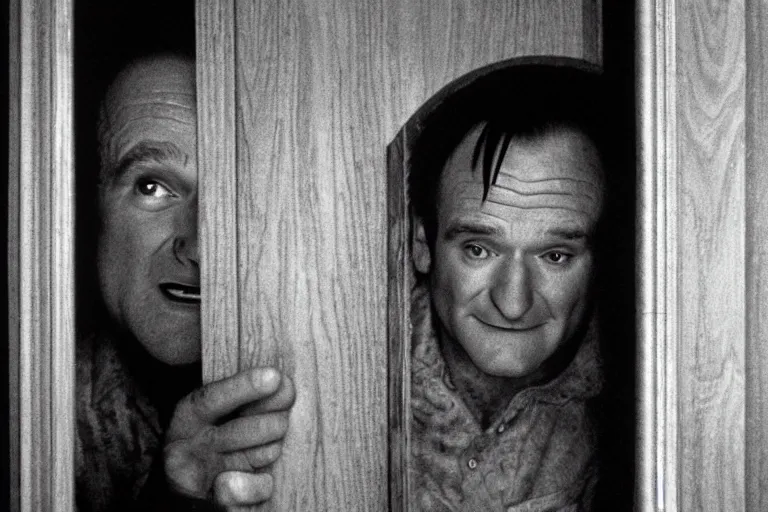 Image similar to Robin Williams as Jack Torrance peaking through hole in door in The Shining 1980