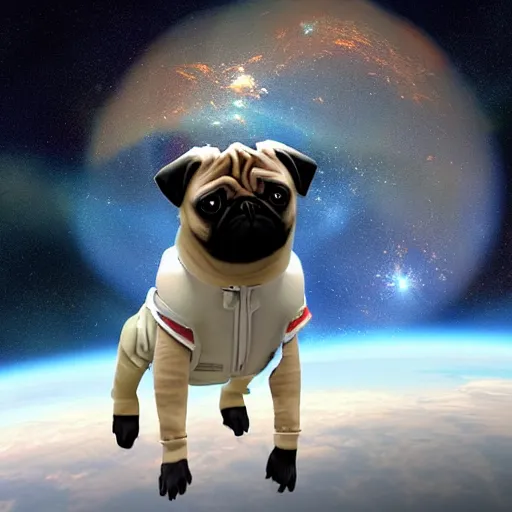Prompt: A pug in a spacesuit floating through space. Photorealistic.