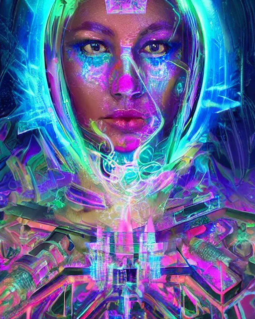 Image similar to a powerful energy psychedelic matrix priestess, by alexander fedosav, hyper detailed digital matte painting, concept art, hyperrealism, 1 6 k resolution, cinema 4 d, 8 k resolution, trending on artstation, behance hd, a masterpiece, by stephan martiniere, particles, cel - shaded, power bright neon energy, by david a. hardy,