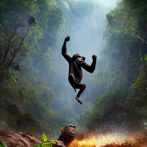 Image similar to Angry Chimpanzee Jumping, Epic Jump, Cinematic Photo, Cinematic Shot, Jungle, Foliage Boris Vallejo, Epic, 8k resolution, ArtStation, Hyperrealistic