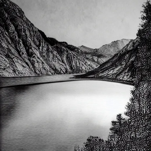 Image similar to lago di sorapis, hyper - realistic black and white drawing, hyper detailed