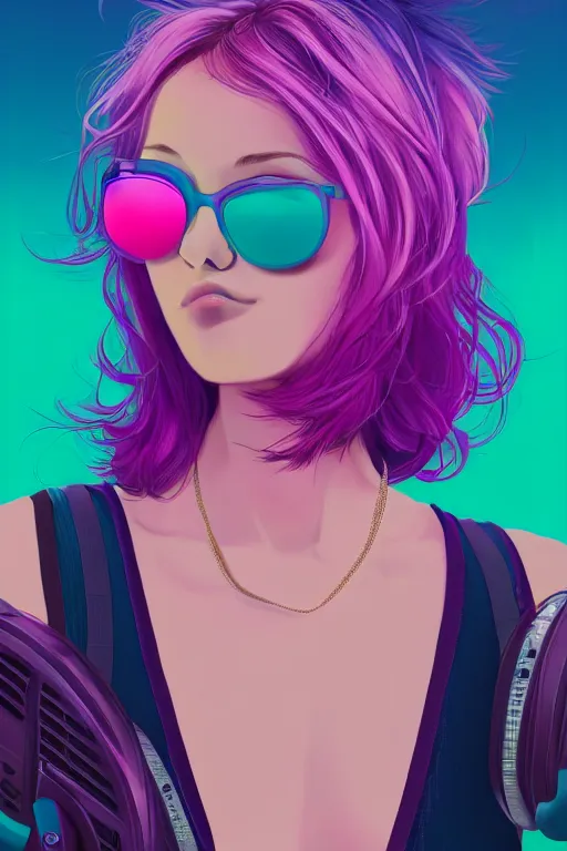 Image similar to a award winning half body portrait of a beautiful woman in a croptop and cargo pants with ombre purple pink teal hairstyle with head in motion and hair flying listenin to music on headphones by wlop, outrun, vaporware, shaded flat illustration, digital art, trending on artstation, highly detailed, fine detail, intricate