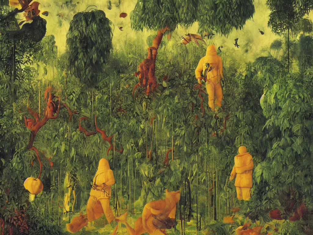 Image similar to man in white beekeeper suit with burning orchard and jungle animals running from the devil. painting by mikalojus konstantinas ciurlionis, bosch, wayne barlowe, agnes pelton, rene magritte