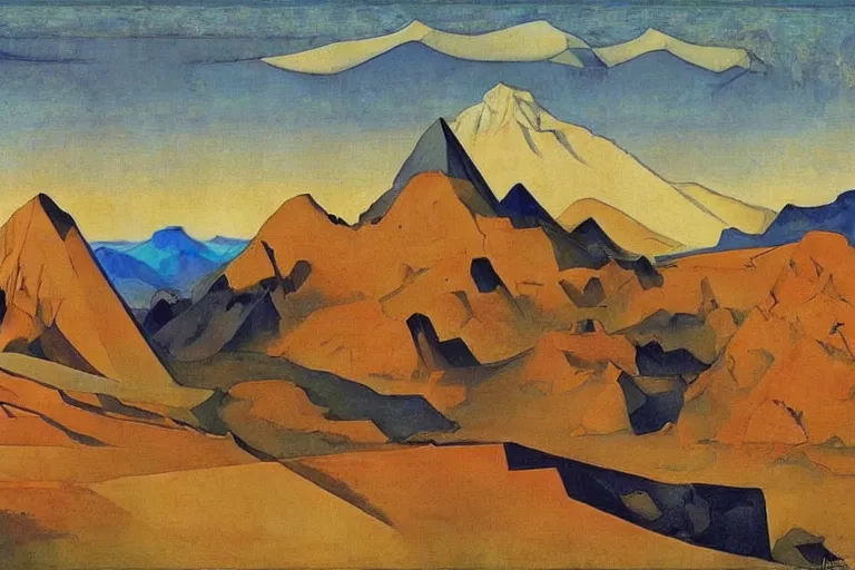 Prompt: A desertic mountain battlefield by Nicholas Roerich, by Georgia o Keeffe, by Gustave Moreau