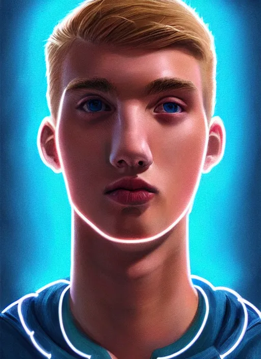 Image similar to portrait of high school senior boy named big moose, blonde short hair, jock, beefy, wide face, square jaw, square facial structure, blue varsity jacket with letter r, intricate, elegant, glowing lights, highly detailed, digital painting, artstation, concept art, sharp focus, illustration, art by wlop, mars ravelo and greg rutkowski