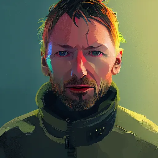 Image similar to Portrait of Thom Yorke half-human half-robot, mattepainting concept Blizzard pixar maya engine on stylized background splash comics global illumination lighting artstation lois van baarle, ilya kuvshinov, rossdraws