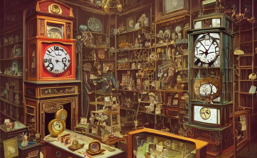 prompthunt: interior of a steampunk clock shop, father time, wooden  grandfather clocks everywhere, realistic, very intricate masterpiece by  arthur rackham