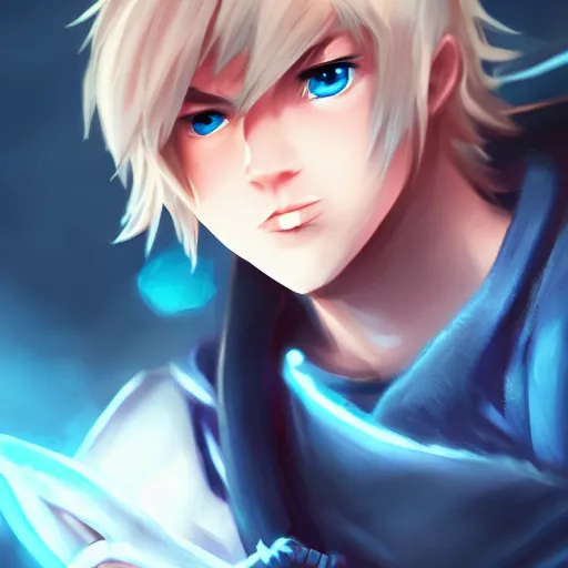 Prompt: league of legends character style of teenager cute boy, blonde hair, blue eyes, shows magic, close up, cinematic light, dark room, detailed, photo, 8K