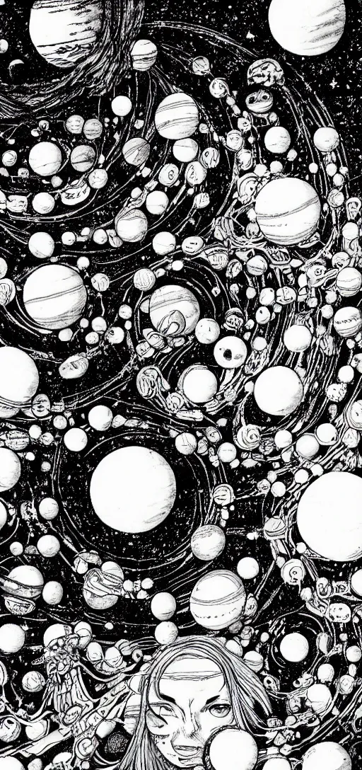 Image similar to Magnificent solar system, high detail, Junji Ito